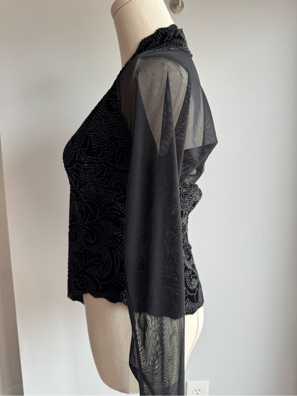 Vintage Y2K Glitter Party Top XS S Black Sheer Mesh Long Sleeve Gothic Glam Edgy - Picture 8 of 12